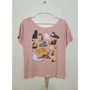 Upcycled Custom Cut Slit Weave Fifth Sun Cat Grid Graphic Tee Shirt SZ M